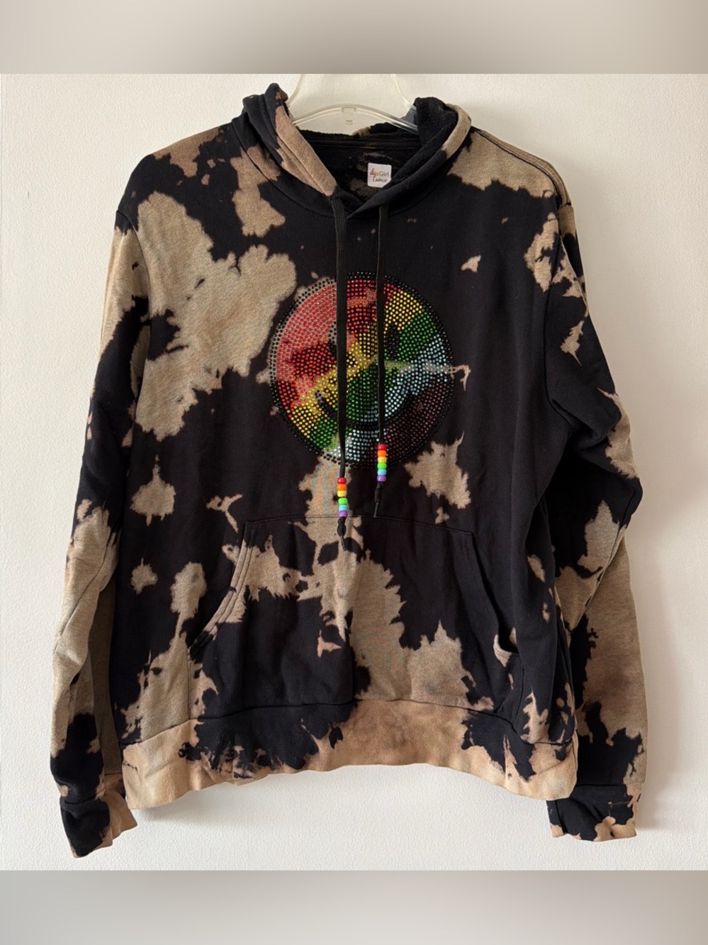 Custom Bleach Dye Rainbow Rhinestone Smiley Hoodie Size L OOAK dyeGirl